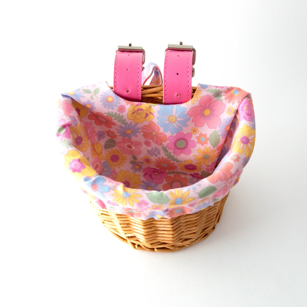 Kids Wicker Bike & Scooter Basket | With Pretty Retro Flower Liner