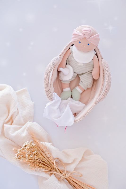 Sage Baby Doll with Knitted Carry Cot