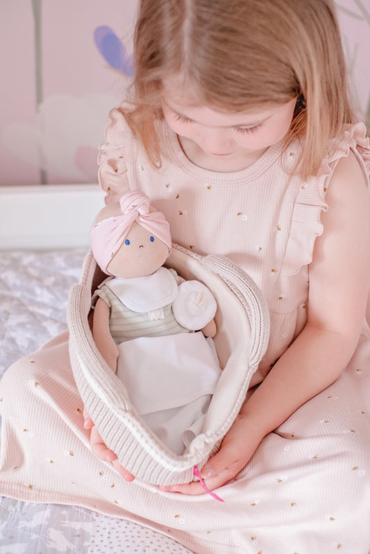 Sage Baby Doll with Knitted Carry Cot