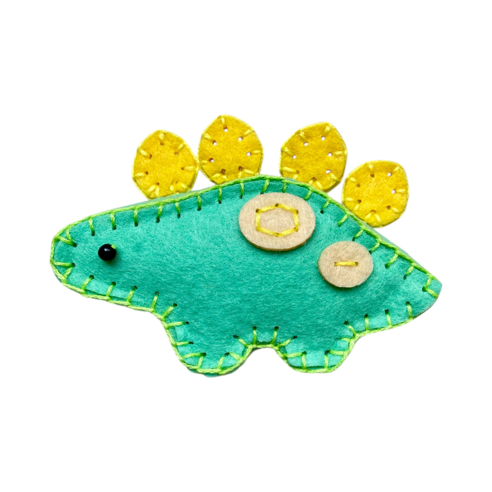 Teal dinosaur with yellow spikes on a white background