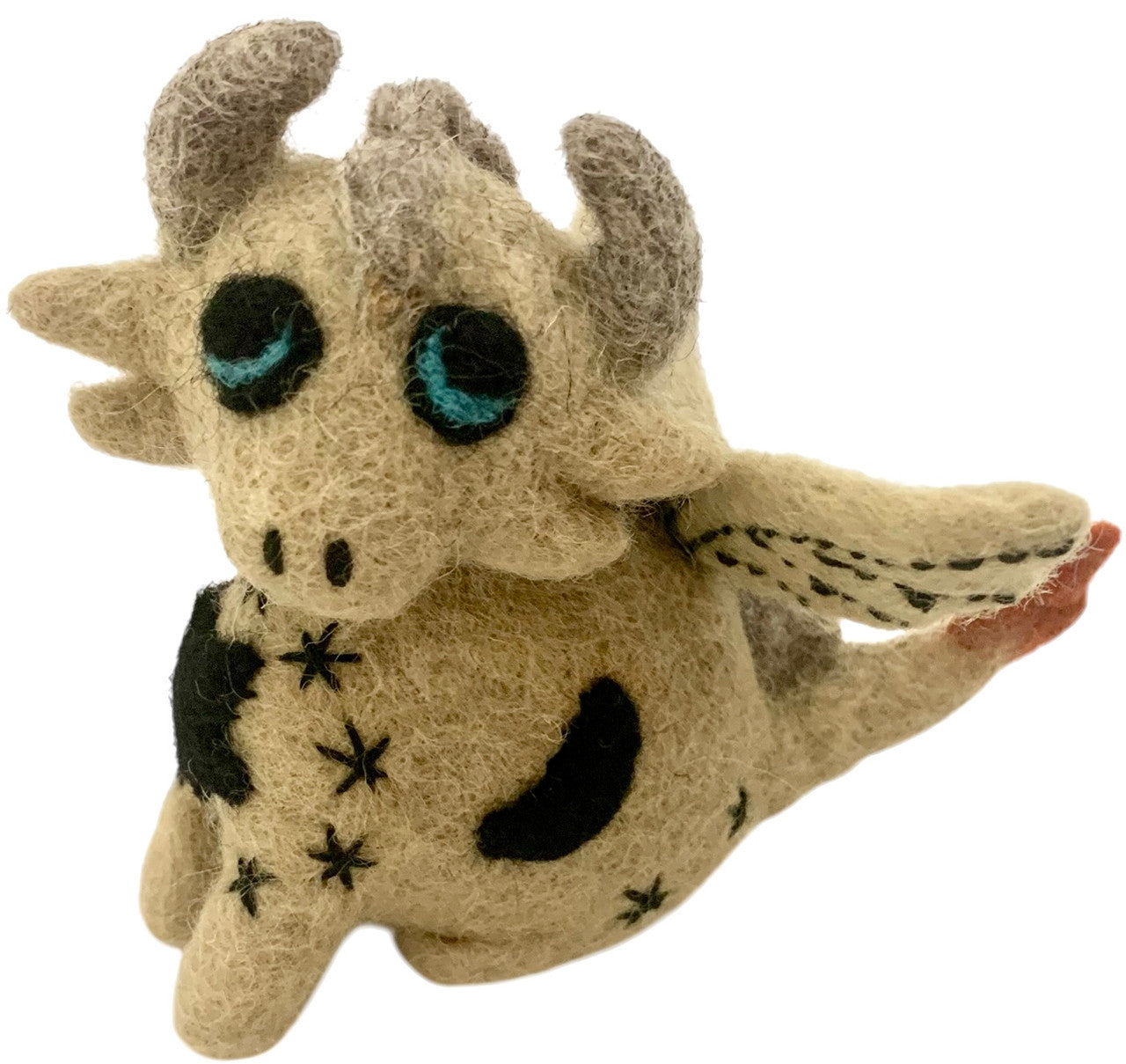 Plush dragon toy with star patterns on a white background