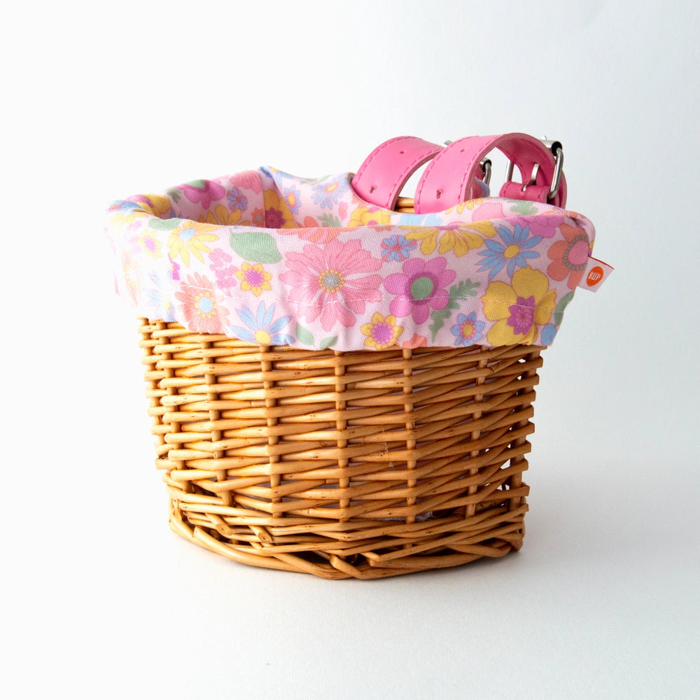 Kids Wicker Bike & Scooter Basket | With Pretty Retro Flower Liner