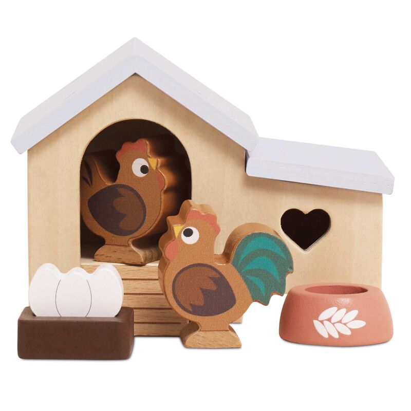 Wooden toy set with a chicken coop, chickens, eggs, and a feeder on a white background.
