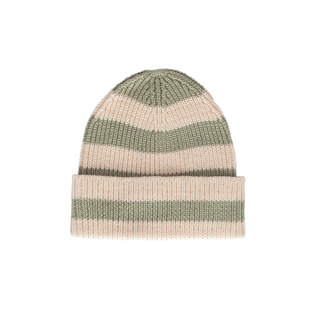 Striped knit beanie in green and beige on a white background