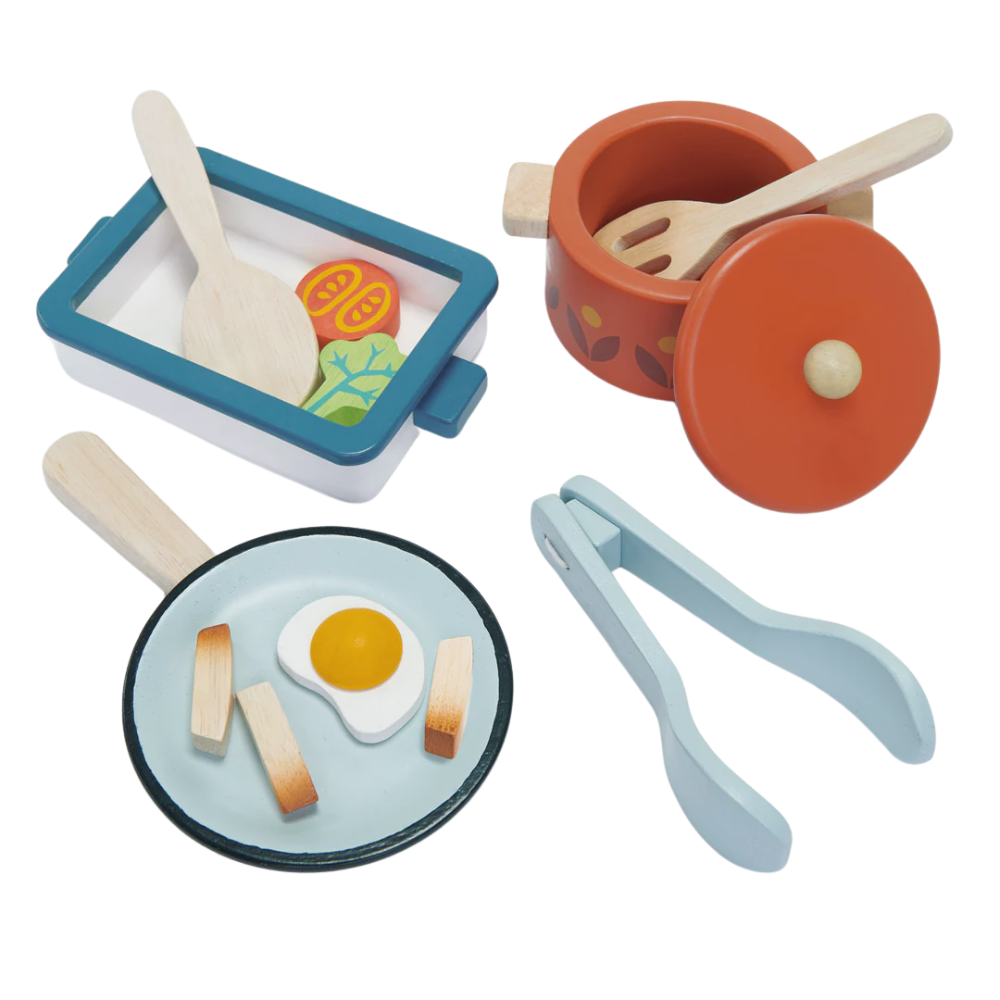 A set of wooden kitchen toys including a casserole pot, frying pan, baking dish, tongs, and three cooking utensils.